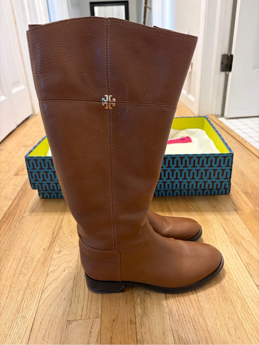 Tory Burch Chestnut Brown Leather Knee-High Boots with Gold Logo - Picture 6 of 15